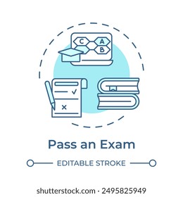 Pasar un examen de concepto de color azul suave icono. Prueba de Educación, práctica de la ley. Requisito notarial. Ilustración de línea de forma redonda. Abstractas idea. Diseño gráfico. Fácil de usar en infografía, presentación