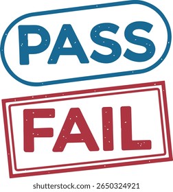 Ícones de aprovação e reprovação de carimbo, azul circular PASS e vermelho retangular FAIL carimbos, rótulos de resultado de exame ou teste, conceito de vetor de educação