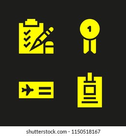 pass icon. 4 pass set with airplane ticket, id card, badge and exam vector icons for web and mobile app