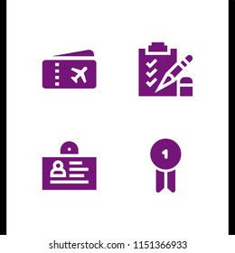 pass icon. 4 pass set with exam, airplane ticket, id card and badge vector icons for web and mobile app