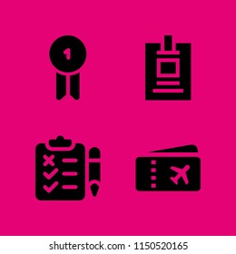pass icon. 4 pass set with id card, airplane ticket, exam and badge vector icons for web and mobile app