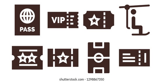  pass icon set. 8 filled pass icons. Simple modern icons about  - Ticket, Passport, Vip, Football field, Chairlift