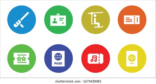 Pass Icon Set. 8 Filled Pass Icons. Included Baton, Ticket, ID, Passport, Chairlift Icons