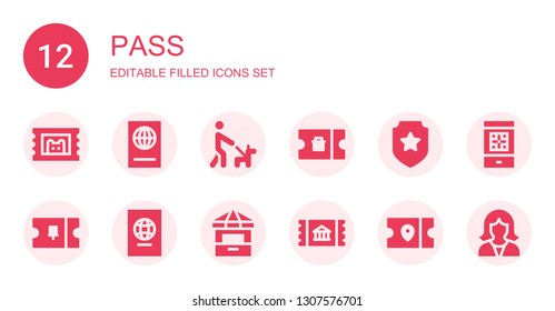 pass icon set. Collection of 12 filled pass icons included Ticket, Passport, Walk, Badge, Ticket office, Boarding pass, Reception