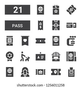 pass icon set. Collection of 21 filled pass icons included Ticket, Reception, Passport, Ticket office, ID, Walk, Badge, Vise, Boarding pass, Football field, Vip pass