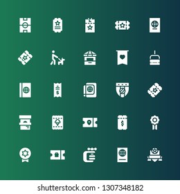 pass icon set. Collection of 25 filled pass icons included Badge, Passport, Vise, Ticket, Chairlift, Ticket office, Walk, Vip pass, Football field