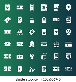 pass icon set. Collection of 36 filled pass icons included Ticket, Passport, Walk, Football field, Badge, Vise, ID, Key card, Ticket office, Reception, Chairlift