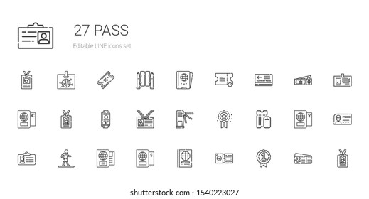 pass icons set. Collection of pass with badge, ticket, passport, walking, id card, boarding pass, turnstiles, plane ticket. Editable and scalable icons.