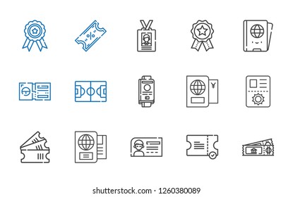 pass icons set. Collection of pass with ticket, id card, passport, tickets, football field, badges, badge. Editable and scalable pass icons.
