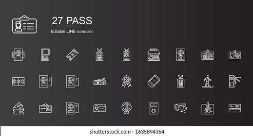 pass icons set. Collection of pass with ticket, passport, badge, id card, tickets, football field, tickets office, turnstiles, walking. Editable and scalable pass icons.