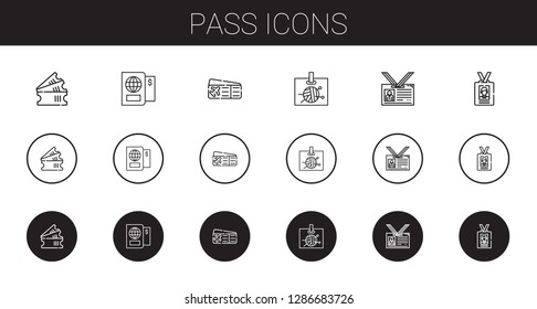 pass icons set. Collection of pass with tickets, passport, plane ticket, id card. Editable and scalable pass icons.
