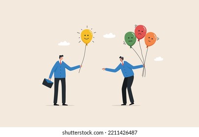 Pass on feeling Positive emotion. Encourage for colleagues.  Passing positive energy to employees. Businessman holding balloons with emotional emoticons.