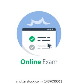 Pass Online Exam, Knowledge Review, Test Score, Distant Learning, Complete Course, Internet Education, Fill Out E-form And Submit, Web Access And Registration, Vector Flat Illustration