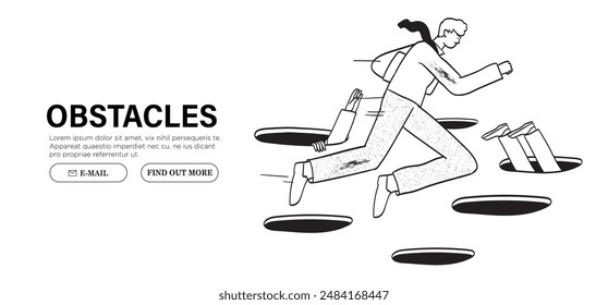 Pass pitfall, adversity or competition. Jump avoid mistake or business failure, skill and creativity to solve problem concept. Businessman or employee run pass holes to achieve business success.