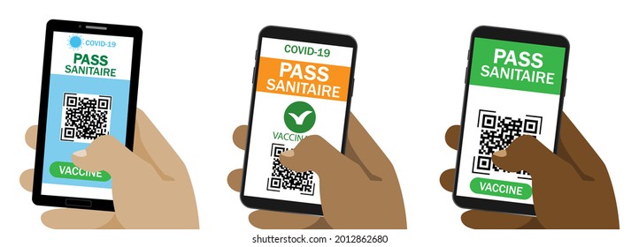 Pass Sanitär. Qr code.Covid 19 Pass , Impfbescheinigung.Vektor Immunitätspass .Impfstoff oder Immunpass.Handy mit einer anderen Hautfarbe, die Smartphone hält.