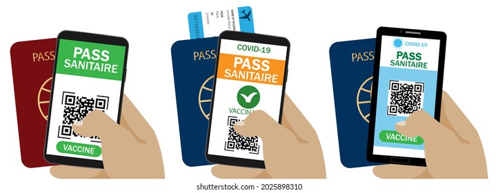 Pass sanitaire. Qr code.Covid 19 passport.Vector immunity passport .Vaccine or immune passport.Set of hand holding smartphone with pass sanitaire and vaccination certificate