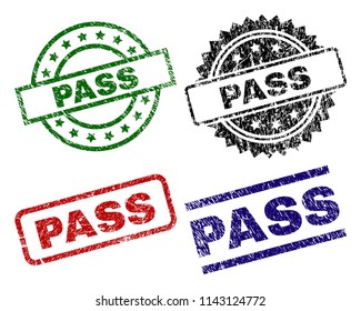 PASS seal prints with corroded surface. Black, green,red,blue vector rubber prints of PASS tag with unclean surface. Rubber seals with round, rectangle, medal shapes.