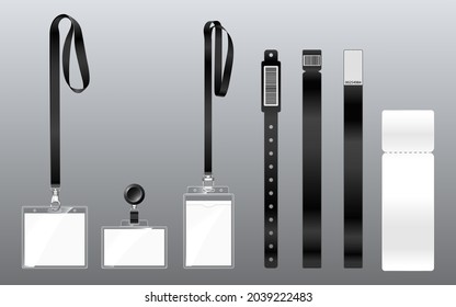Pass ticket, bracelets and badges on lanyards for access on festival events. Security and control elements, blank id cards in plastic cases hang on ribbons, identity tags isolated 3d Vector mockup set