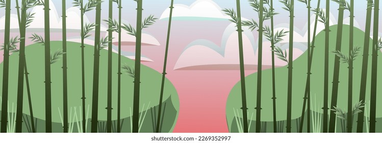 Passage in bamboo grove. Sunset red pink. Tropical reed beds. Jungle and rainforest of southern latitudes. Cartoon fun style. Flat design. Vector