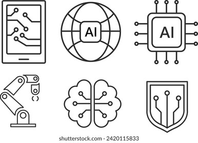 Un pasaje que describe el uso de la iconografía de inteligencia artificial en el diseño en línea, el aprendizaje automático, los robots inteligentes y el paquete de iconos de las redes de computación en nube.