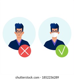 Passage only in mask, without mask entry prohibited. Man with and without medical mask. Vector illustration in flat style character medical flu mask. Advertisement protection prevention coronavirus.