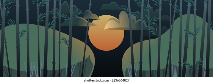 Passage in thickets of jungle. Moon in dark sky. bamboo night landscape background. Tropical reed beds. Jungle and rainforest of southern latitudes. Cartoon fun style. Flat design. Vector