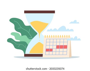 The passage of time and days. Glass hourglass and paper spiral calendar, day schedule and week planning, diary organizer, measurement vector cartoon flat style isolated illustration