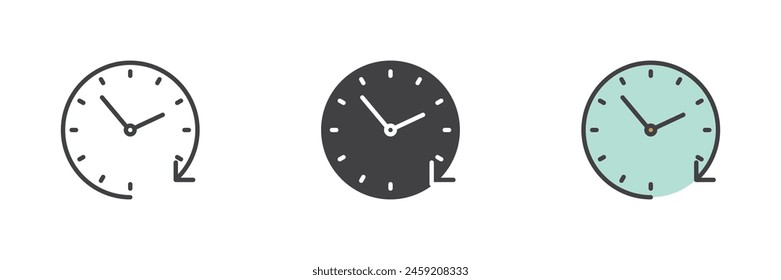 Passage time different style icon set. Line, glyph and filled outline colorful version, outline and filled vector sign. Clockwise clock symbol, logo illustration. Vector graphics