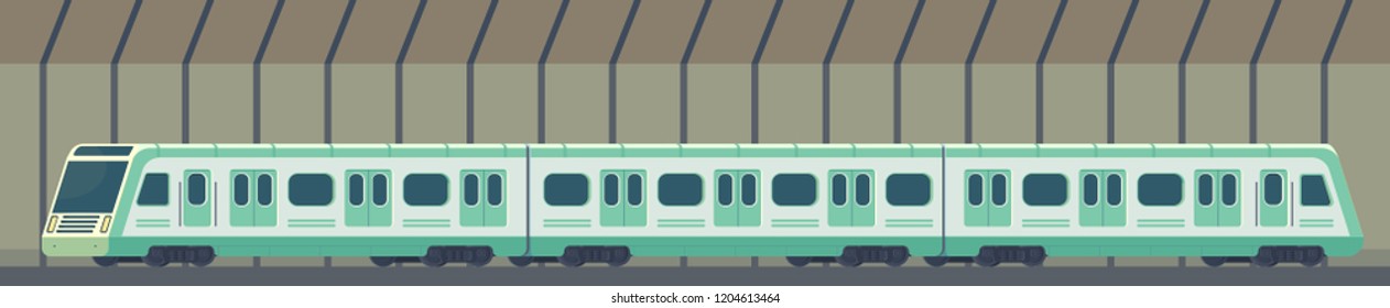 Passanger modern electric high-speed train. Railway subway or metro transport in tunnel. Underground transport. Vector flat illustration isolated on white.