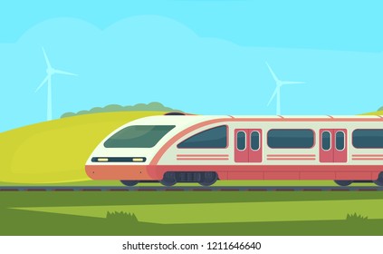 Passanger modern electric high-speed train with nature landscape in a hilly area. Vector illustation. Railway transport. Travel by train.