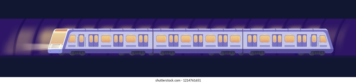 Passanger modern electric high-speed train. Railway subway or metro transport in tunnel. Underground transport. Vector flat illustration.