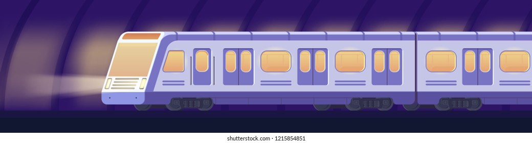 Passanger modern electric high-speed train. Railway subway or metro transport in tunnel. Underground transport. Vector flat illustration isolated on white.