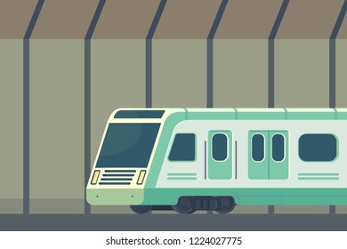 Passanger modern electric high-speed train. Railway subway or metro transport in tunnel. Underground transport. Vector flat illustration.