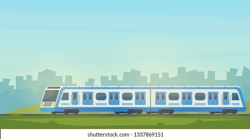 Passanger modern electric high-speed train with city landscape. Railway transport. Travel by train. Vector flat illustation.