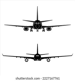 Passanger plane vector silhouettes. Airplane shape. Black color on isolated white background. Graphic illustration. EPS10.