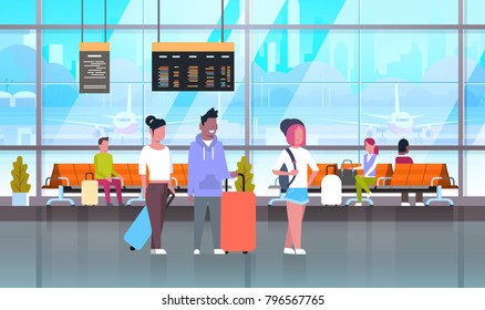 Passangers In Airport With Baggage At Waiting Hall Or Departure Lounge Flat Vector Illustration