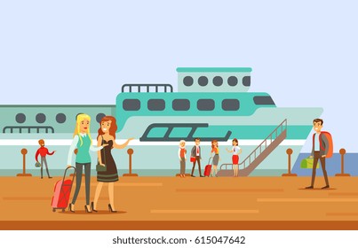 Passangers Boarding A Cruise Liner, Part Of People Taking Different Transport Types Series Of Cartoon Scenes With Happy Travelers
