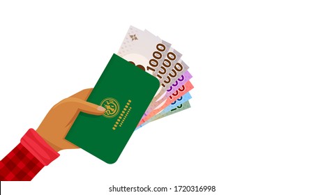passbook and thai baht money banknote in farmer hand, bankbook farmer and bank note money thai baht, farm book and paper money for agriculturist business and finance, doae farmbook and THB currency