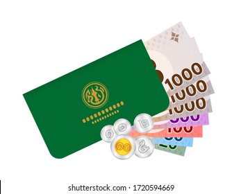 passbook and thai baht money banknote for farmer, bankbook farmer and bank note money thai baht, farm book and paper money for agriculturist business and finance, doae farmbook and THB currency