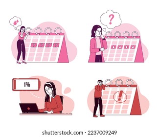 Passed date stress flat concept vector illustrations set. Editable 2D cartoon character on white for web design. Deadline creative ideas pack for website, mobile, presentation. Bebas Nenue font used