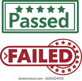 Aprovado e reprovado no exame Ícones de carimbo, estrela verde PASS e carimbos de FALHA vermelho irregulares, rótulos de avaliação de educação, marcação de resultado design vetorial