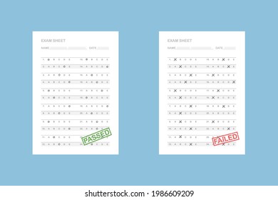 Prueba de examen superada y fallida, pila de hojas de papel con sello. Resultado de buen y mal examen, respuesta incorrecta y errónea en el documento del cuestionario forma ilustración vectorial aislada. Concepto de educación