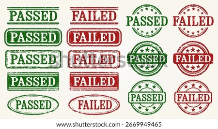 Passed And Failed Retro Grunge Stamp Set. Collection Of 16 Vintage Rubber Stamps Featuring Passed And Failed Labels In Green And Red. Perfect For Exams, Tests, Quality Control. Isolated Vector image.