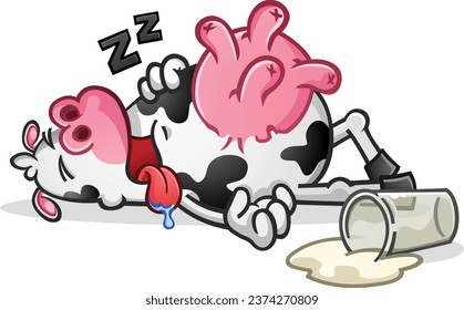 A passed out sleeping dairy cow cartoon who drank way too much fresh squeezed milk from its round pink udders and got really drowsy