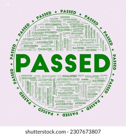 Passed - rundes Badge. Text mit Schlagwörtern übergeben Wort Wolken und Rundtext. Farbiges Thema und Grunge-Textur. Fesselnde Vektorgrafik.