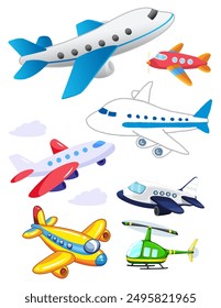 Aeronaves de pasajeros en diferentes colores y diferentes vistas. Conjunto de Ilustración vectorial de avión.