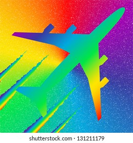 Passenger aircraft flying in rainbow colored sky
