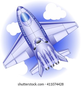 Passenger aircraft of the future on a  blue background with clouds, view from above