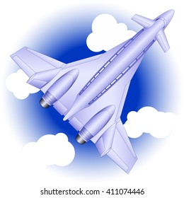 Passenger aircraft of the future on a  blue background with clouds, view from above