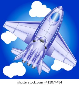 Passenger aircraft of the future on a dark blue background with clouds, view from above